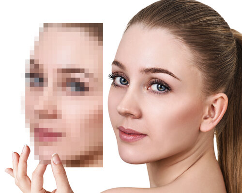 A young woman's face, showing the image in high resolution and also in an unclear low resolution version. Printing West Perth