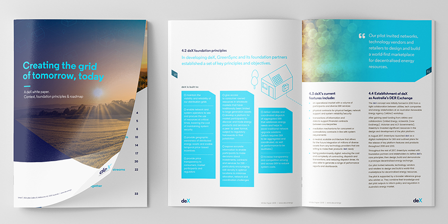 A white paper for deX showing the professionally designed cover and two interior pages. Print services West Perth and Subiaco.png