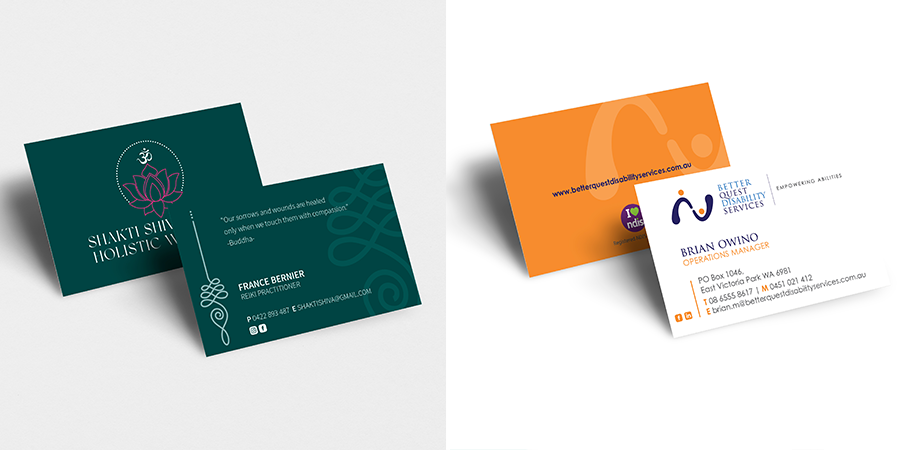 The front and reverse of two professionally designed business cards. Print services West Perth and Subiaco.png