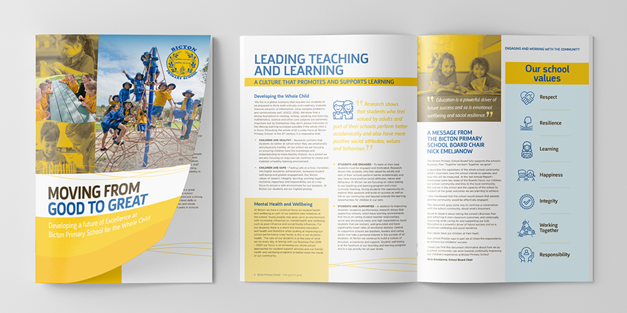 The school annual for Bicton Primary School showing the professionally designed cover and two interior pages. Print services West Perth and Subiaco.png