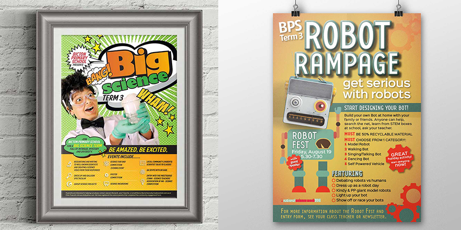 Two large, professionally designed posters for schools for the Big Science and Robot Rampage programs. Print services West Perth and Subiaco.png