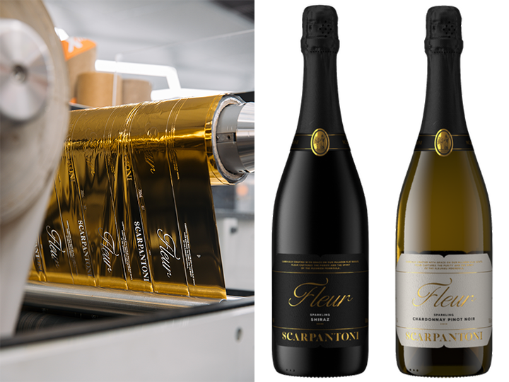 A photo of Scarpantoni's gold foil labels as they go through the printing process, and two bottles of their wine featuring this label. Print shop West Perth.