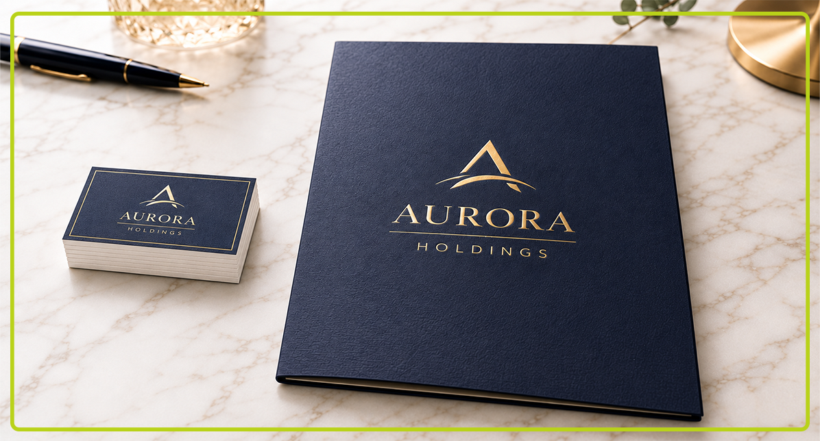 A digital illustration of a premium presentation folder for Aurora Holdings with gold embossing, textured paper stock and a stack of matching business cards. Print shop West Perth