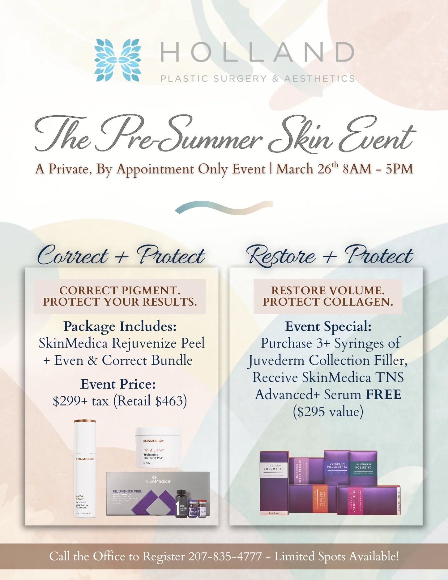 You're Invited! Correct + Protect: Pre-Summer Skin Event&nbsp;🌼

Spring is the perfect time to refresh your skin!&nbsp;🌸&nbsp;Join us&nbsp;March 26th&nbsp;for a private, by-appointment-only event and:
&bull; Correct pigment &amp; texture
&bull; Res