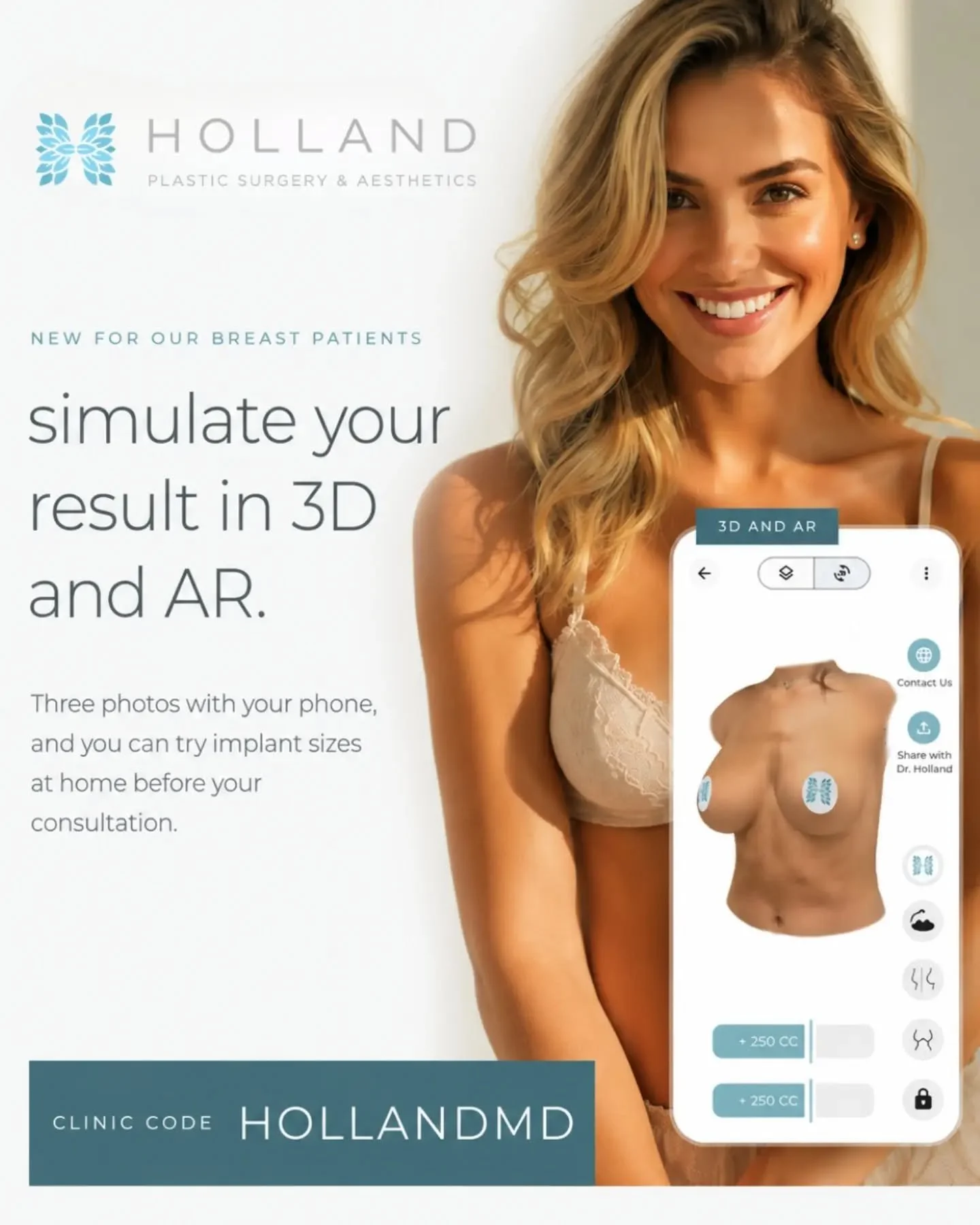 ✨ The future of your breast augmentation experience is here! 

We're so excited to bring myArbrea to our patients at Holland Plastic Surgery.

Visualize your possibilities from the comfort of your own home. Download the myArbrea app and use clinic co
