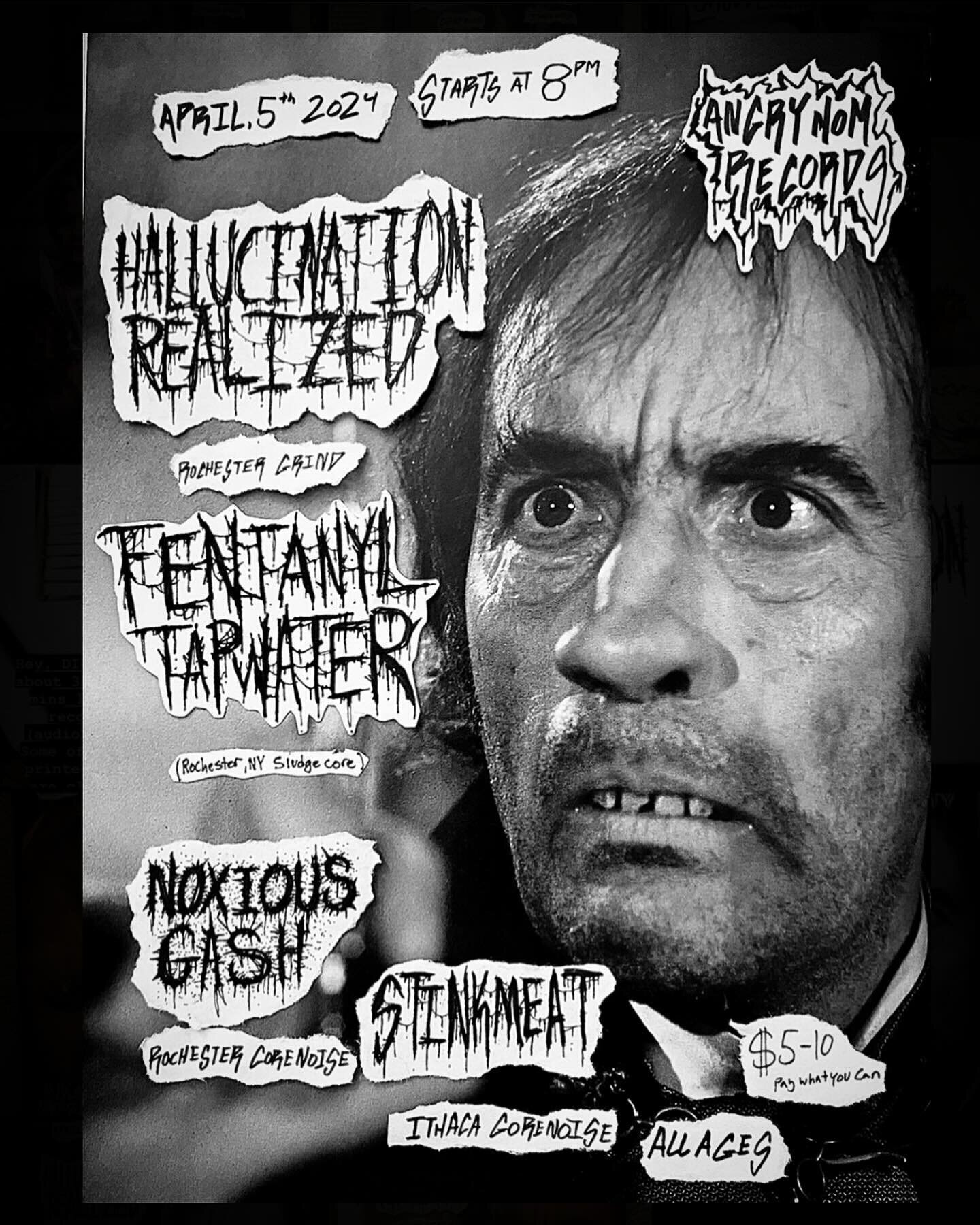 Live Shows just keep on coming to the shop. This Friday (4/5)  shit is going to get HEAVY with Hallucination Realized (Rochester Grind), Fentanyl Tapwater (Rochester Sludgecore), Noxious Gash (Rochester Gorenoise) &amp; Stink Meat (Ithaca Gore)❕This 