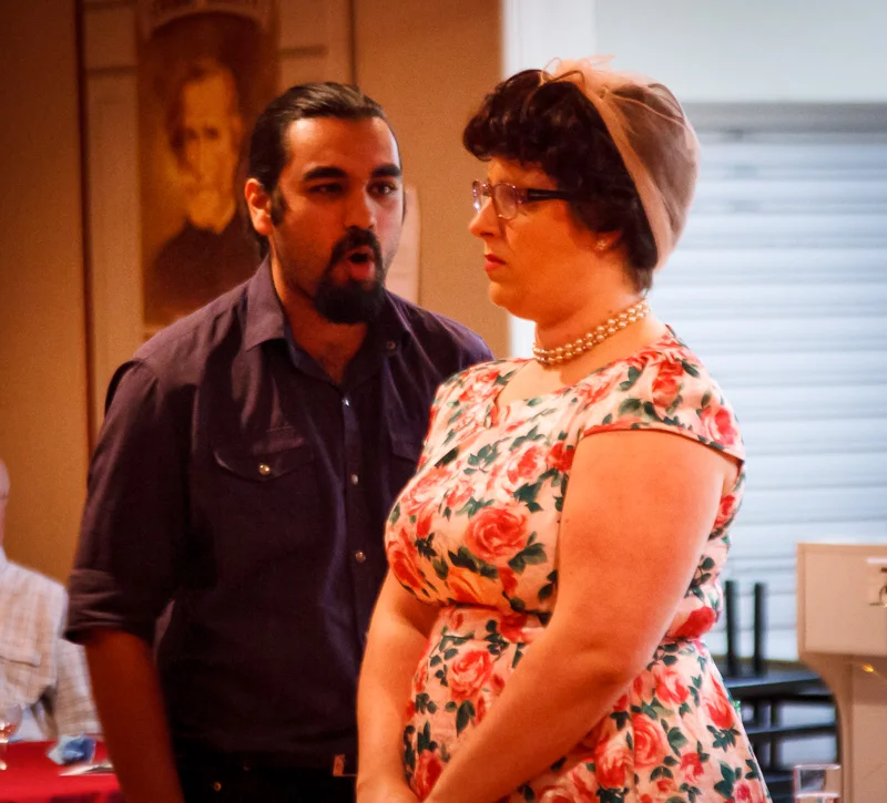 Picture: Mr Parikh (Shannon Haegler ), and Mrs Fitzgerald (Tammy Sarah Linde). Picture Credit: Geoff Lawrence.
