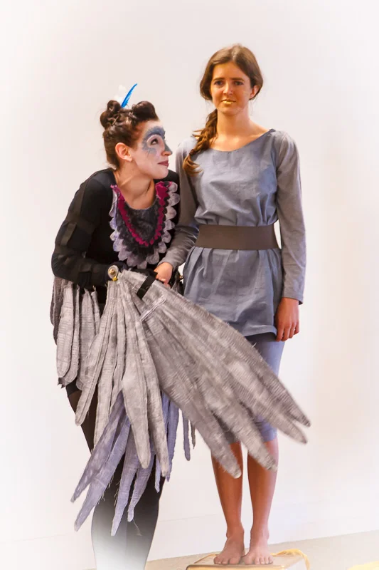 Prince (Courtney Turner, Director) and Swallow (Gemma Sharpe), in The Happy Prince , at the State Library of Queensland , as part of the 2015 Brisbane Anywhere Festival . Picture credit: Geoff Lawrence .