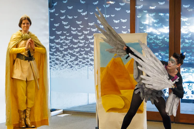 Prince (Courtney Turner, Director) and Swallow (Gemma Sharpe), in The Happy Prince, at the State Library of Queensland, as part of the 2015 Brisbane Anywhere Festival. Picture credit: Geoff Lawrence.