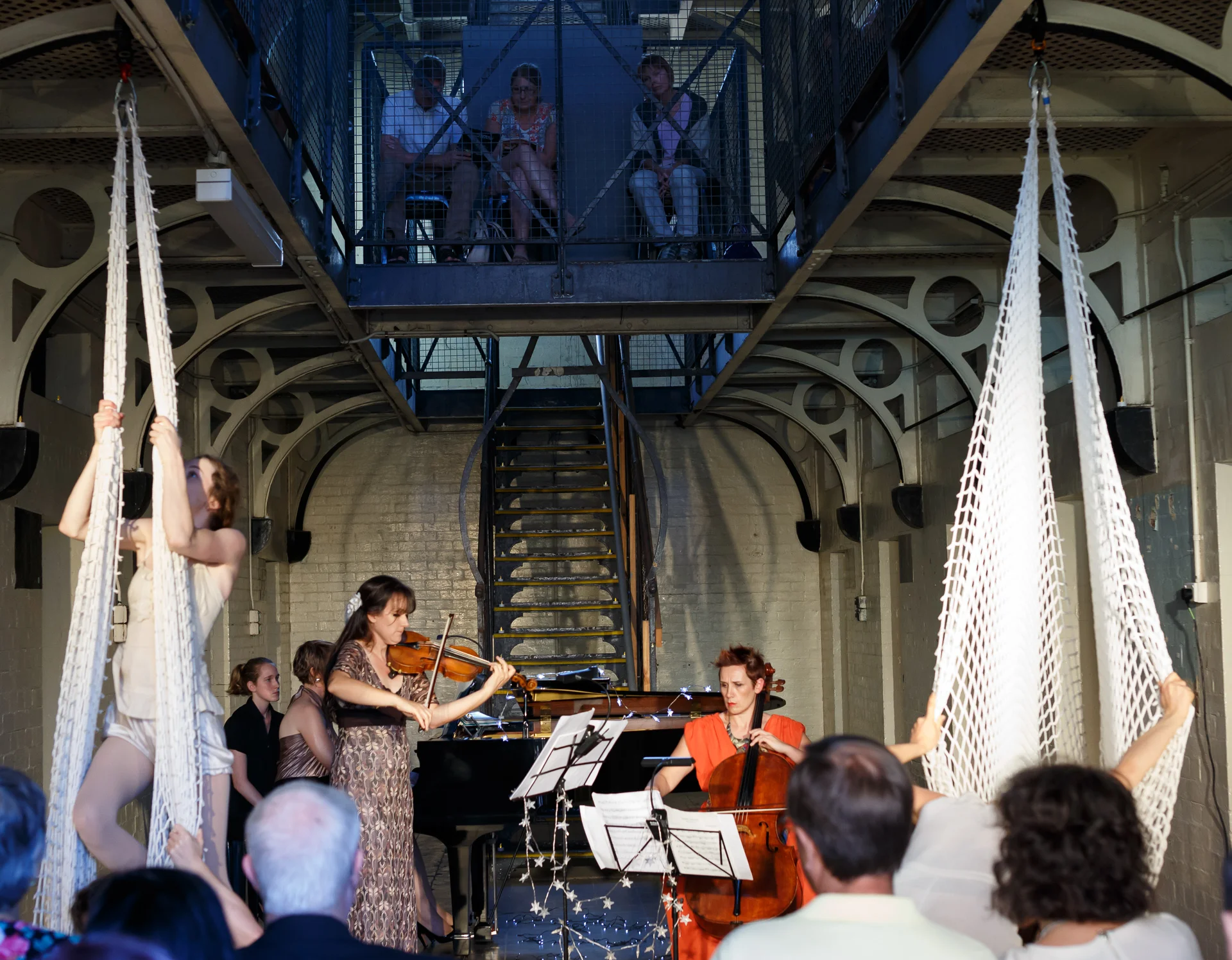 Pictured: Alison Snook, Therese Milanovic (piano), Christa Powell (violin), and Louise King (Cello ) with Vulcana Women’s Circus (Performers Bianca Mackail, Rachael Gibson, Abby Kelso and Ellen Grow). Picture Credit: Geoff Lawrence, Creative Futures Photography.