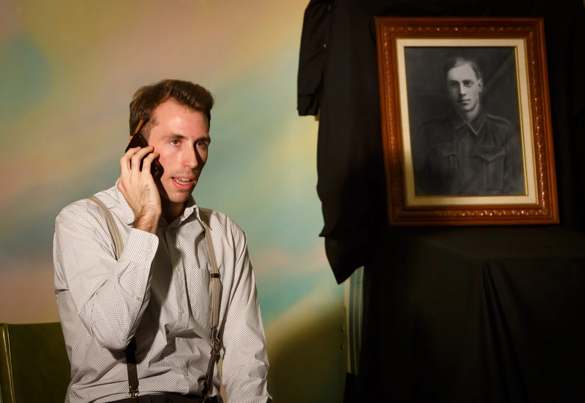 Pictured: Mark Salvestro, with the portrait of great-great uncle George Bradford (in Buried at Sea). Photo credit: Geoff Lawrence, Creative Futures Photography.