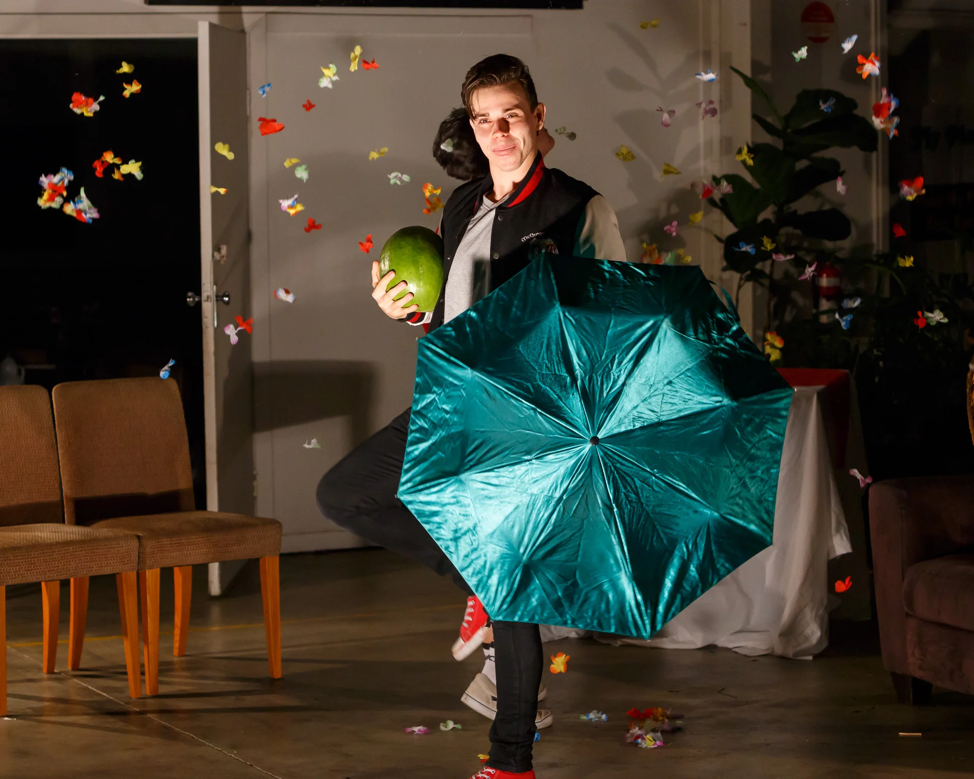 Pictured: Brodie Greenhalgh (Chris), with Peter Wood (Grant) in background. Picture Credit: Geoff Lawrence, Creative Futures Photography .