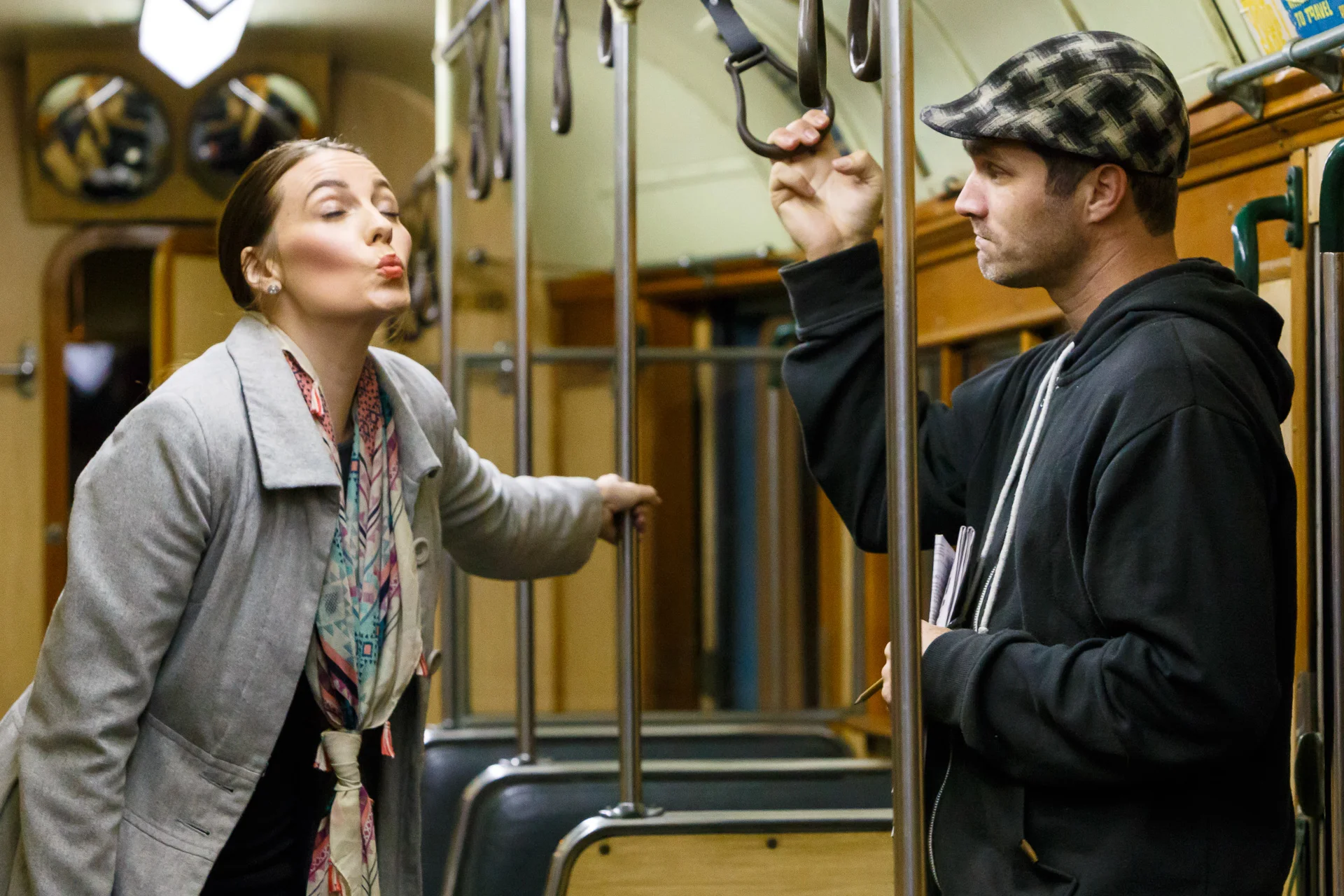 Pictured (L to R): A crossword clue. Candice Dittmann (She: ‘Rita’/Janet) and Nathan Schulz (He: ‘Tom’/Josh). Picture Credit: Geoff Lawrence, Creative Futures Photography.