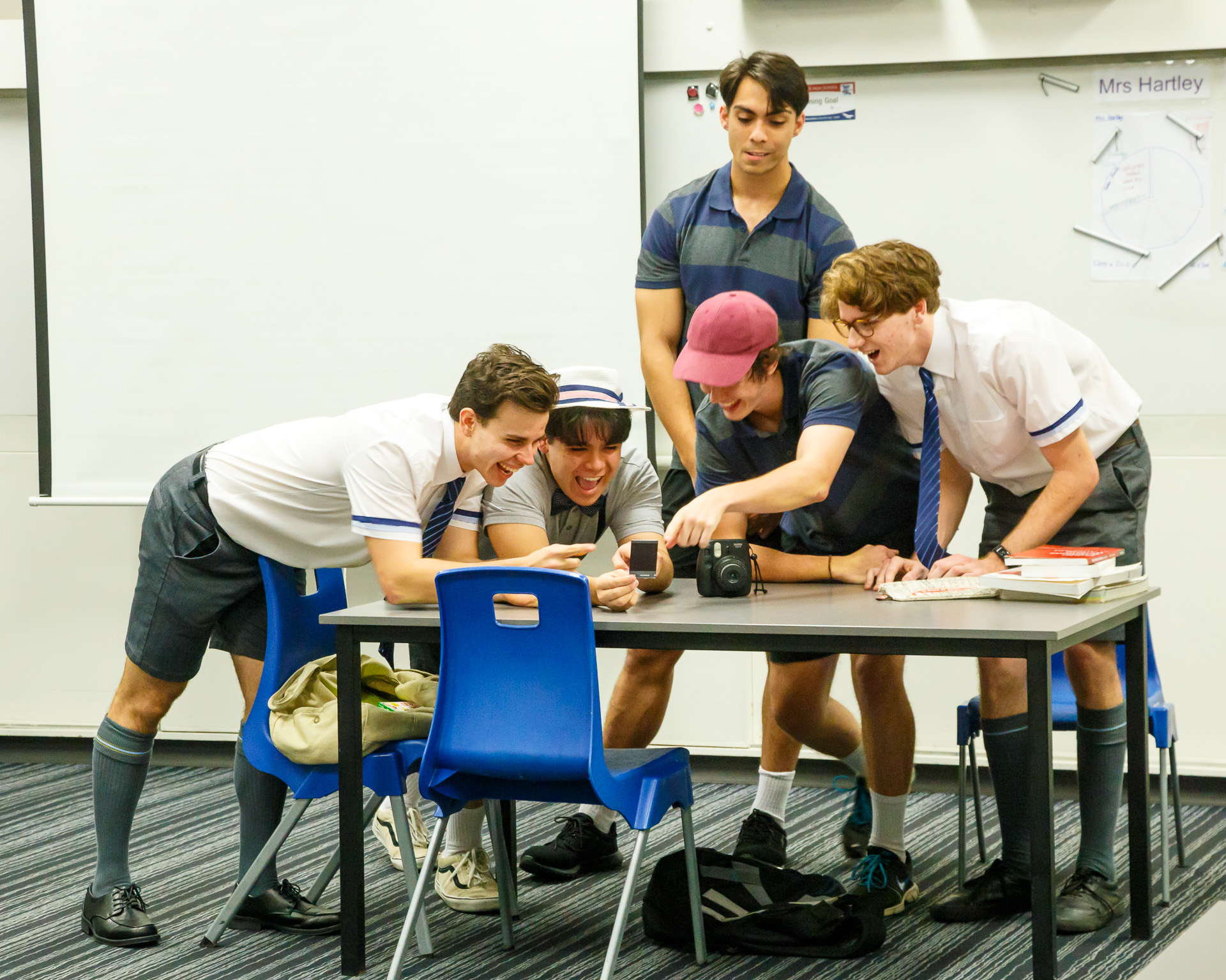 Pictured (L to R): Noah (Brodie Greenhalgh), Byron (Peter Wood), Jock (Dean Taylor), Simon (Caeleb Grosser), and Cam (Levi Wilcox). Picture credit: Geoff Lawrence, Creative Futures.
