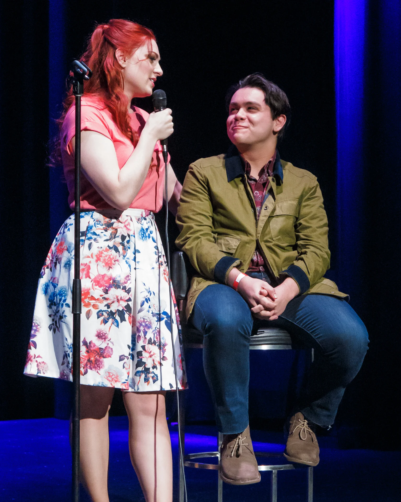Pictured (L to R): Emily Vascotto performing to a co-opted audience member (Peter Wood) in Screw Loose . Picture Credit: Geoff Lawrence, Creative Futures Photography.