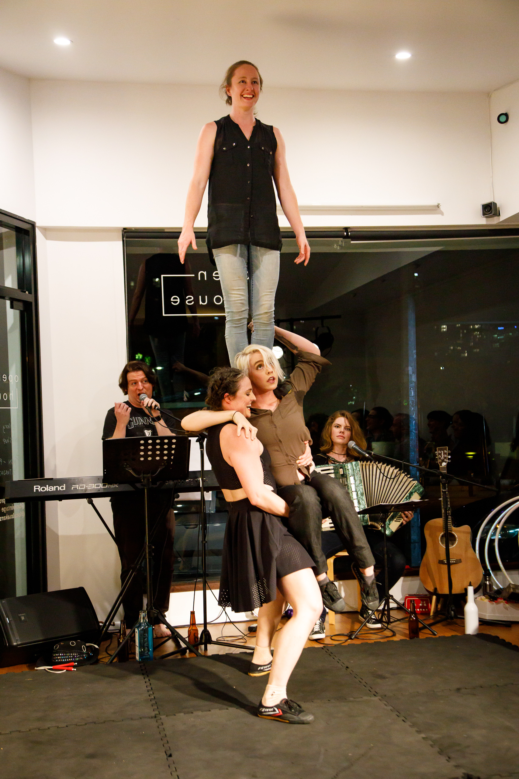 Picture (L to R): Sheldon Jadamson, Elyse Fitzpatrick, Kelsey Adams, Regan Henry (near ceiling), and Kristy Stanfield in Hold My Beer ( Creative Futures Photography) .