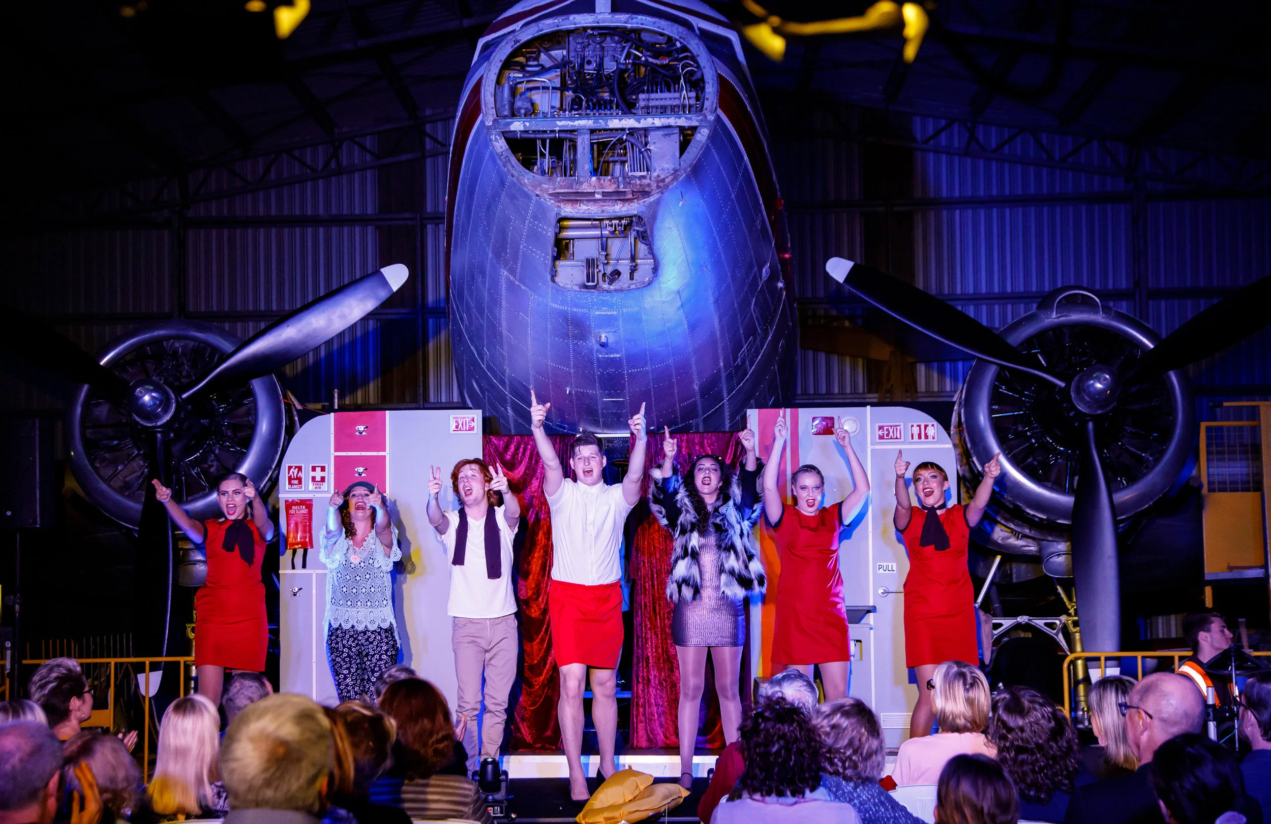Pictured: The cast of In Flight Entertainment at the Queensland Air Museum. Picture credit: Creative Futures Photography .