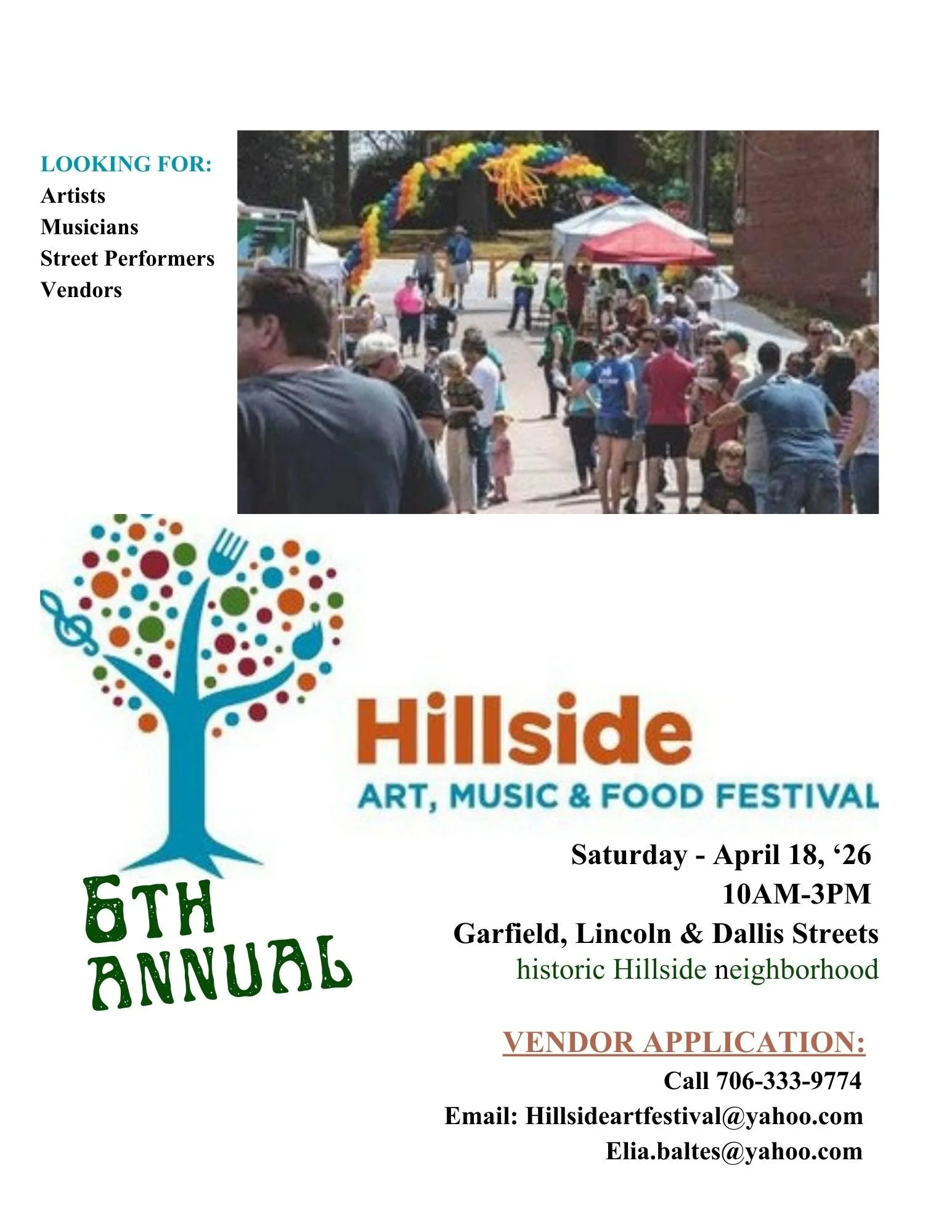 6th Annual HILLSIDE ART, MUSIC, and FOOD FESTIVAL Saturday, April 18th