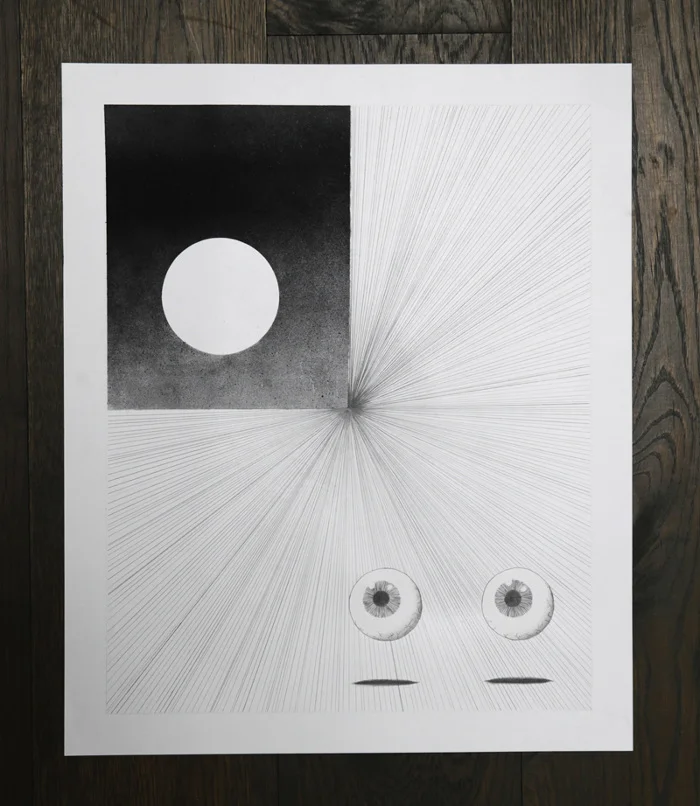He Looks Pass You and Into Infinity Graphite and spray paint on paper 14" x 17"