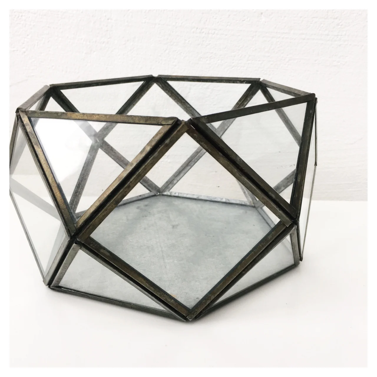 Geometric metal and glass display bowls. Two available. £10 to hire