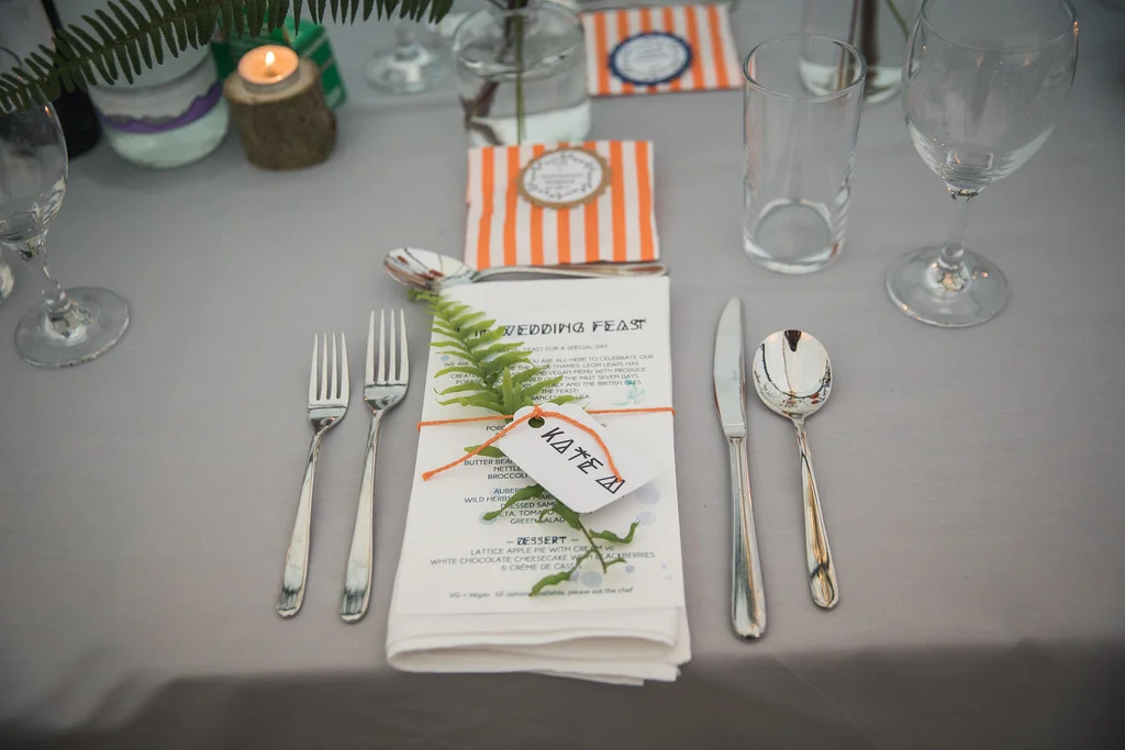 Place setting labels designed to suit your wedding. Starting at £12 per head