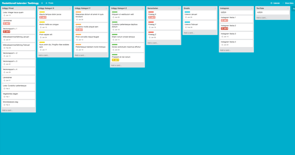 Redaktionell kalender i Trello listvy