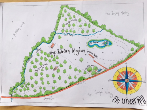 Sarah's map of UWNR - great names; Hidden Kingdom, The Hall of the Kiwi King, The Living Woods, Silent Woods, The Southern Wastes, The Hall of the Kiwi King.....