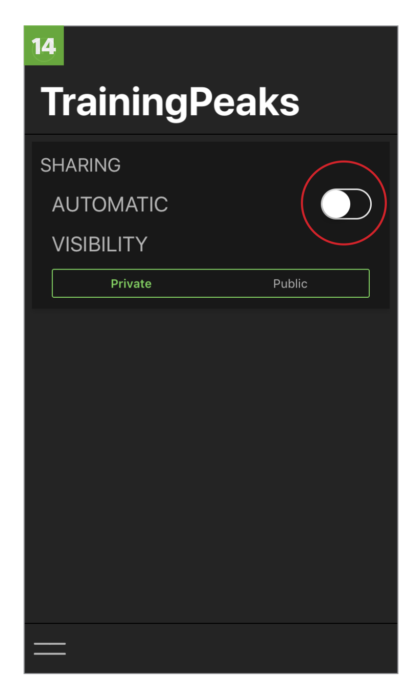 Toggle to AUTOMATIC to automatically share workouts ridden in Kinetic Fit to TrainingPeaks. Select PRIVATE or PUBLIC for sharing visibility in TrainingPeaks.