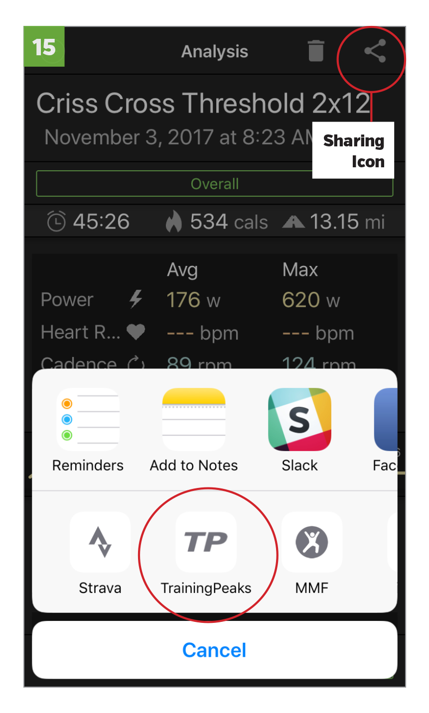 After completing a workout, if AUTOMATIC sharing is OFF , you'll have to manually share to TrainingPeaks. Select SHARE ICON > TRAININGPEAKS