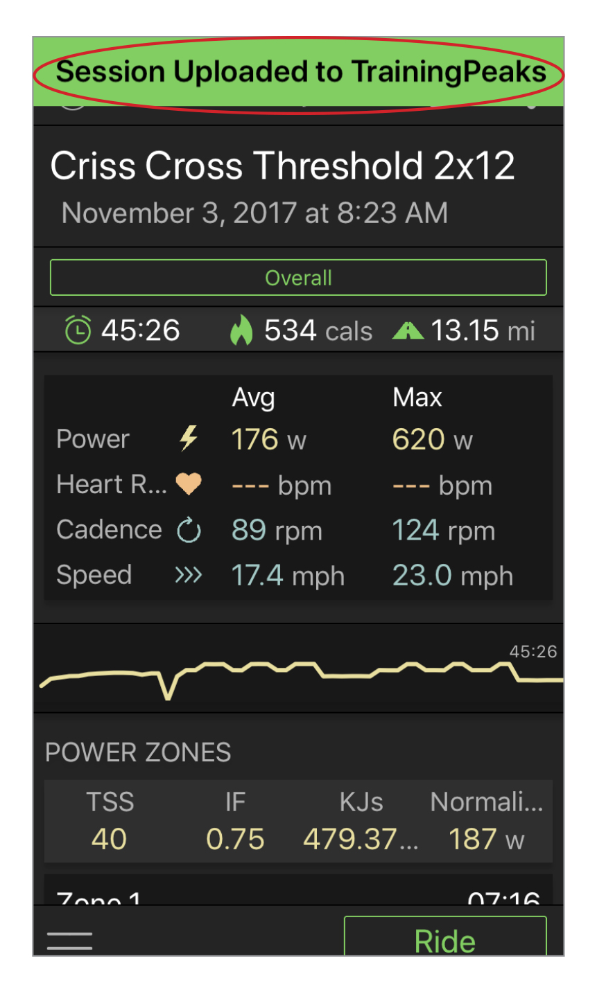 SESSION UPLOADED TO TRAININGPEAKS appears at the top of the screen when the workout is shared