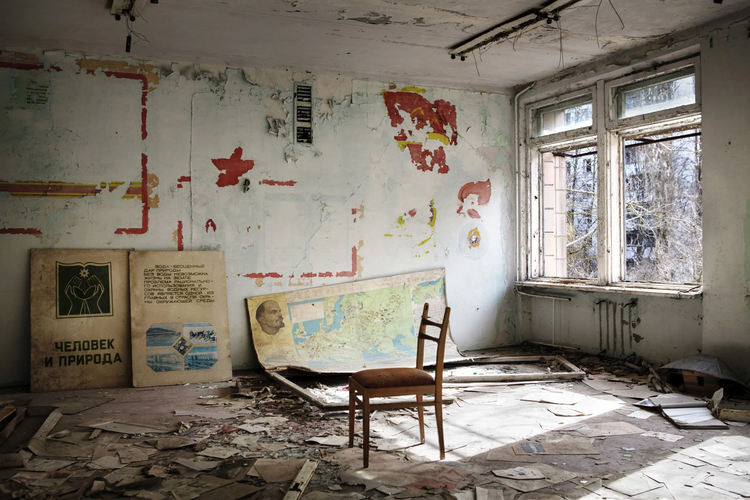  An abandoned class room in the ghost town of Pripyat. 