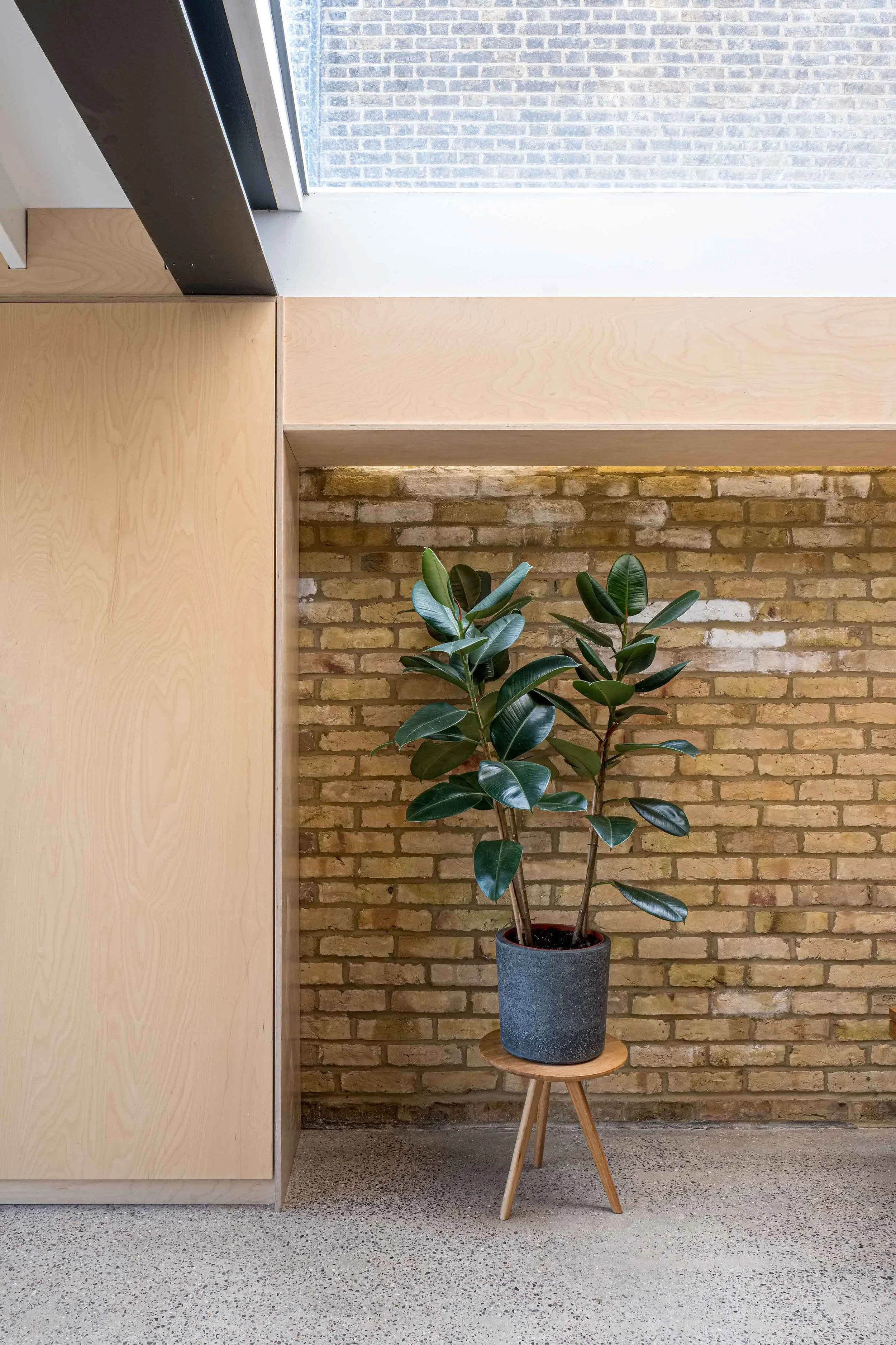 Bespoke plywood joinery and exposed brickwork