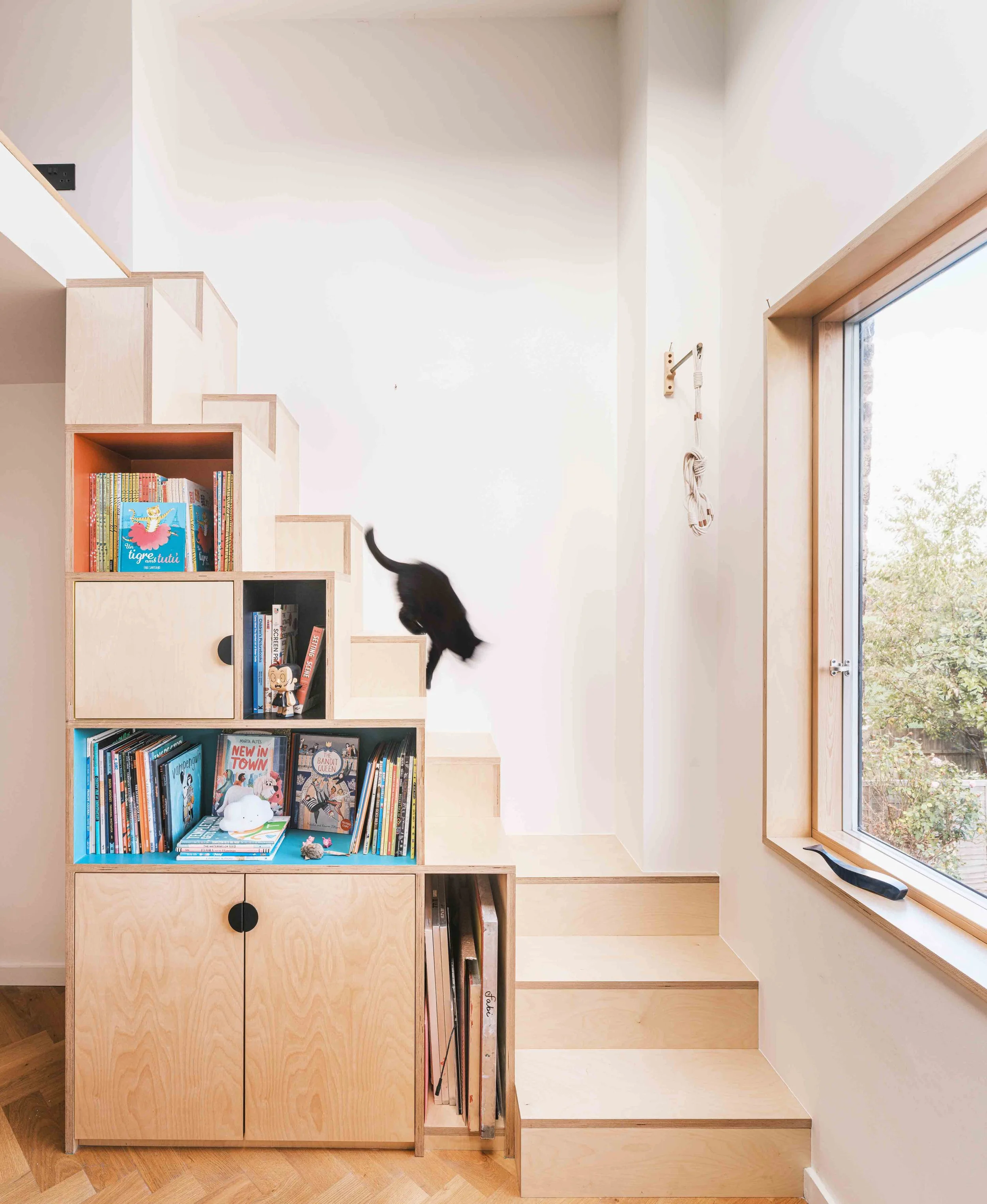 Bespoke plywood joinery with cat coming down stairs