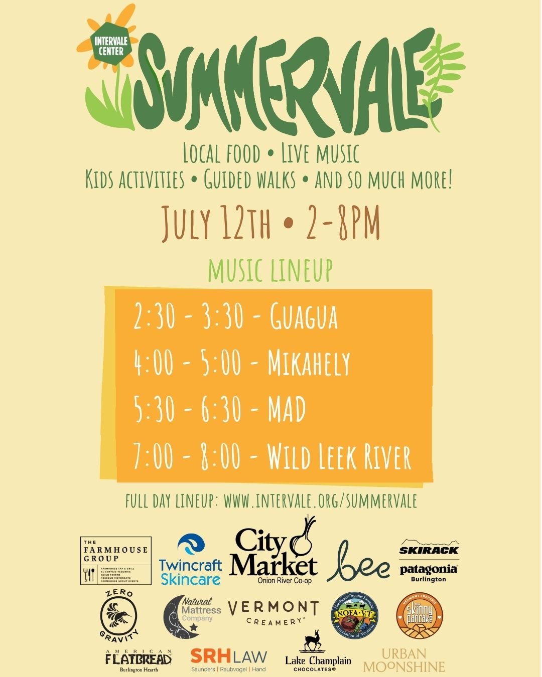 Summervale returns to the Intervale center in July! 
Our free summer festival featuring local food, live music, and family-friendly activities will be a jam-packed, fun-filled ONE DAY event on Saturday, July 12th.

☀️Food and drink will be available 