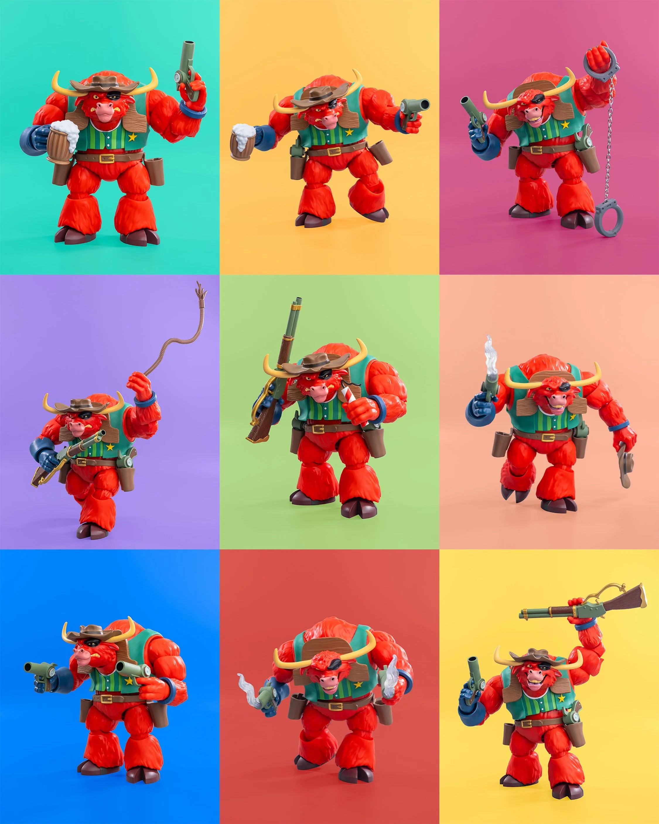 Nine poses, nine colours, one very angry-looking bull. 

Really enjoyed shooting this one. This is exactly why I love putting the shots together as collages. 

Sheriff Terrorbull - Cowboys of Moo Mesa.
.
.
.
#PlasticHead #SheriffTerrorbull #CowboysOf