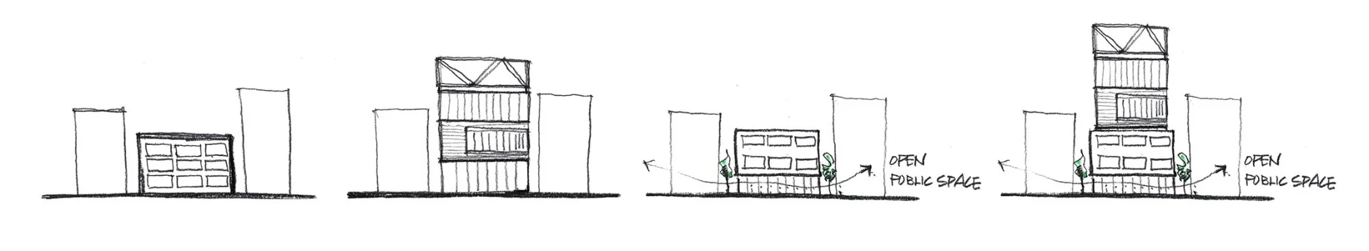 Illustration SEQ Illustration \* ARABIC 1 . Types of using old buildings; retrofit, demolition, conversion of the ground level, and addition from left to right, drawn by author.
