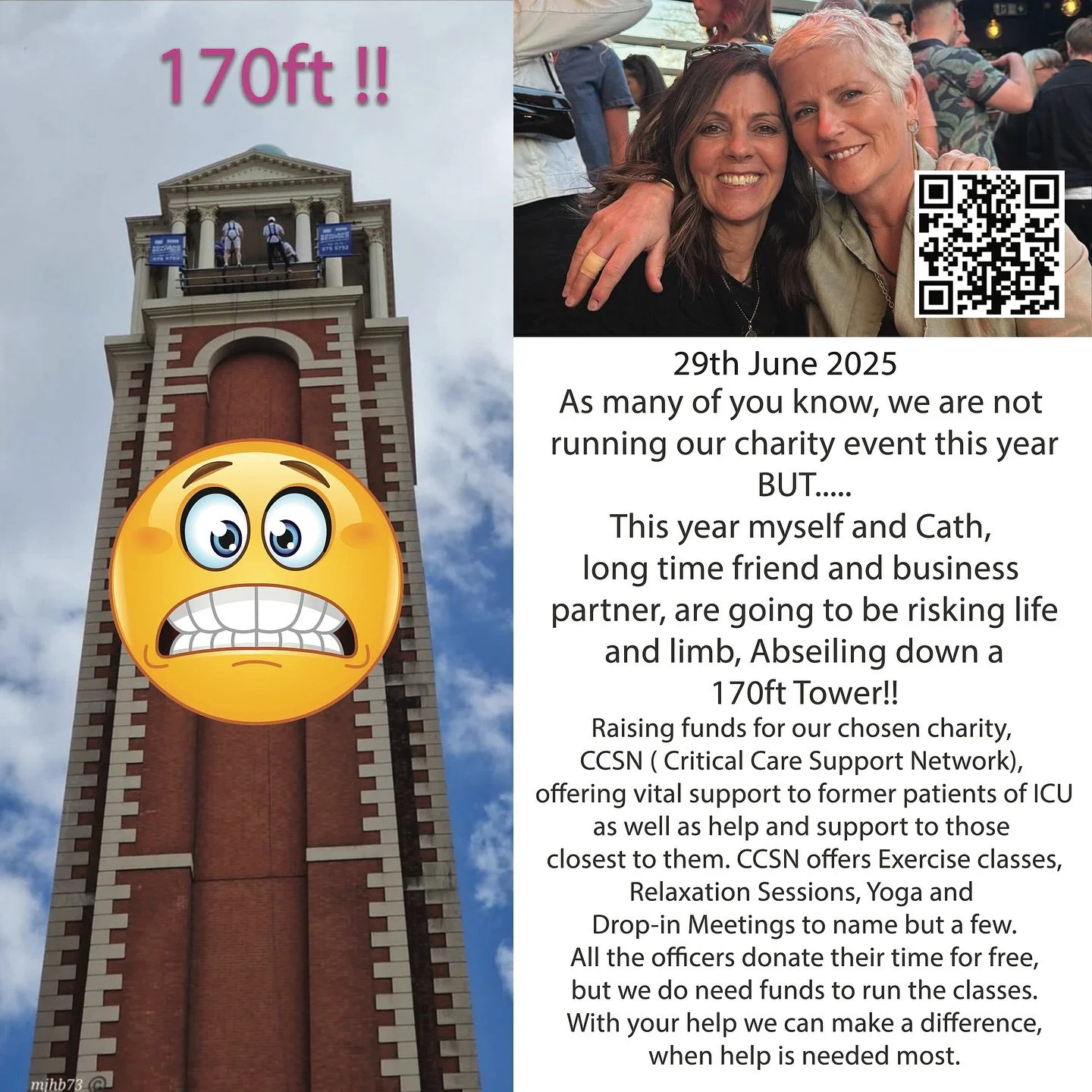 170ft of pure adrenaline.. for a truly amazing cause🧗&zwj;♀️💪🏻

On the 29th June, Cath and I are stepping WAY out of our comfort zone and abseiling down this 170ft tower 😱 &mdash; all in support of CCSN (Critical Care Support Network)

CCSN does 