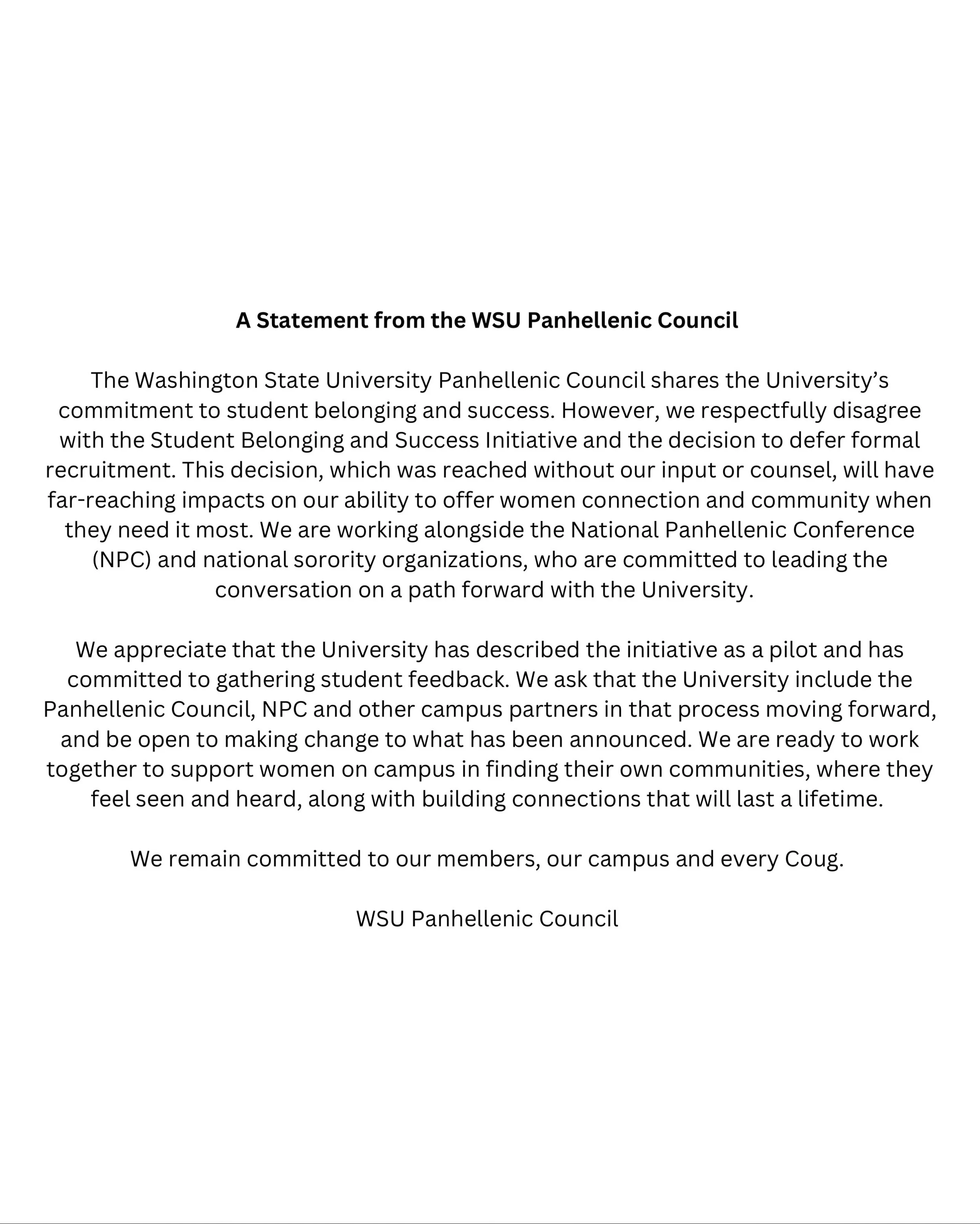 A statement from the Washington State Panhellenic Council.