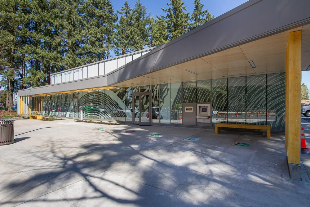 overall  view, library entrance plaza