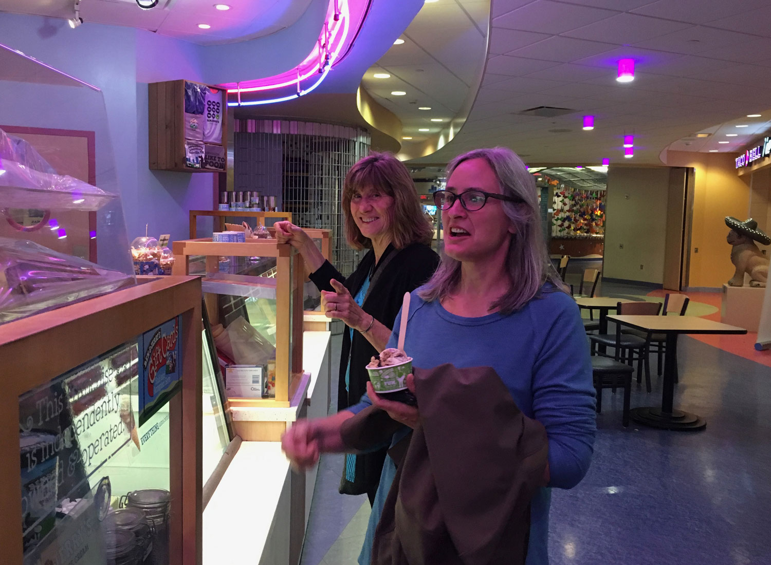  Rochelle and Karen at the Ben &amp; Jerry’s counter after dinner on our first night. We wandered the streets to find the food court of the Vanderbilt Children’s Hospital to find this counter! 