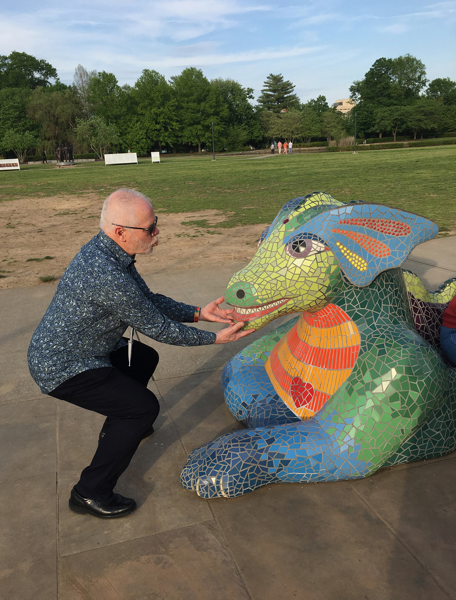  Outside of the Parthenon, for the duration of our conference, is  Lizzie the Dragon, by Sherri Warner Hunter. She normally lives at Vanderbilt Children’s Hospital, but for the conference, she greeted us! And Scott had to ham it up… 