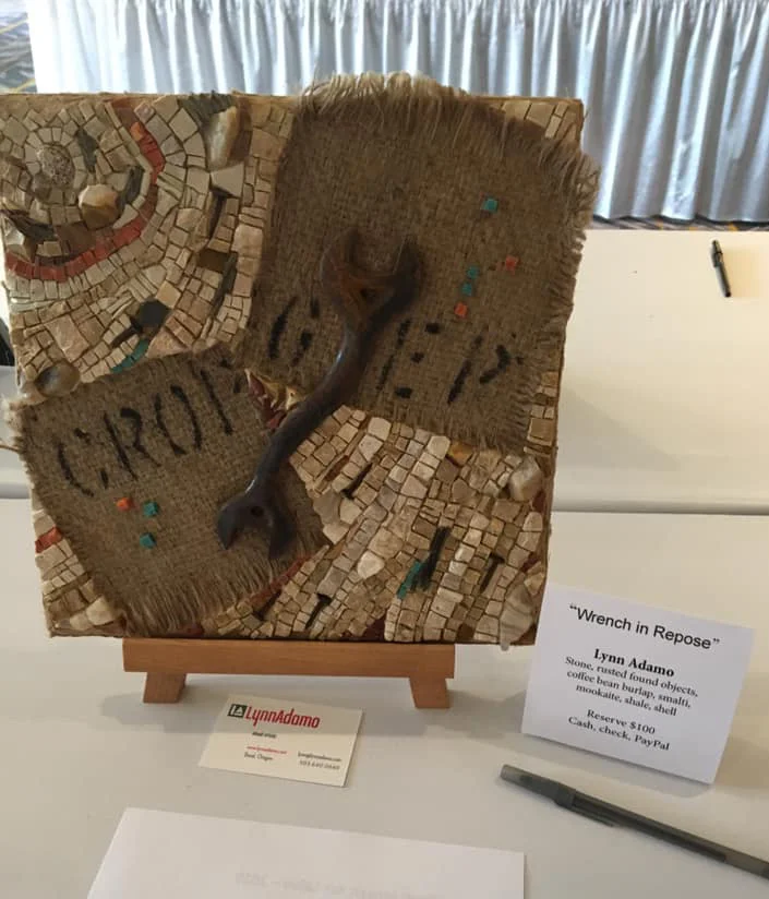 Here’s my “Wrench in Repose” at the mosaic art Salon, the silent auction on Friday at the conference.