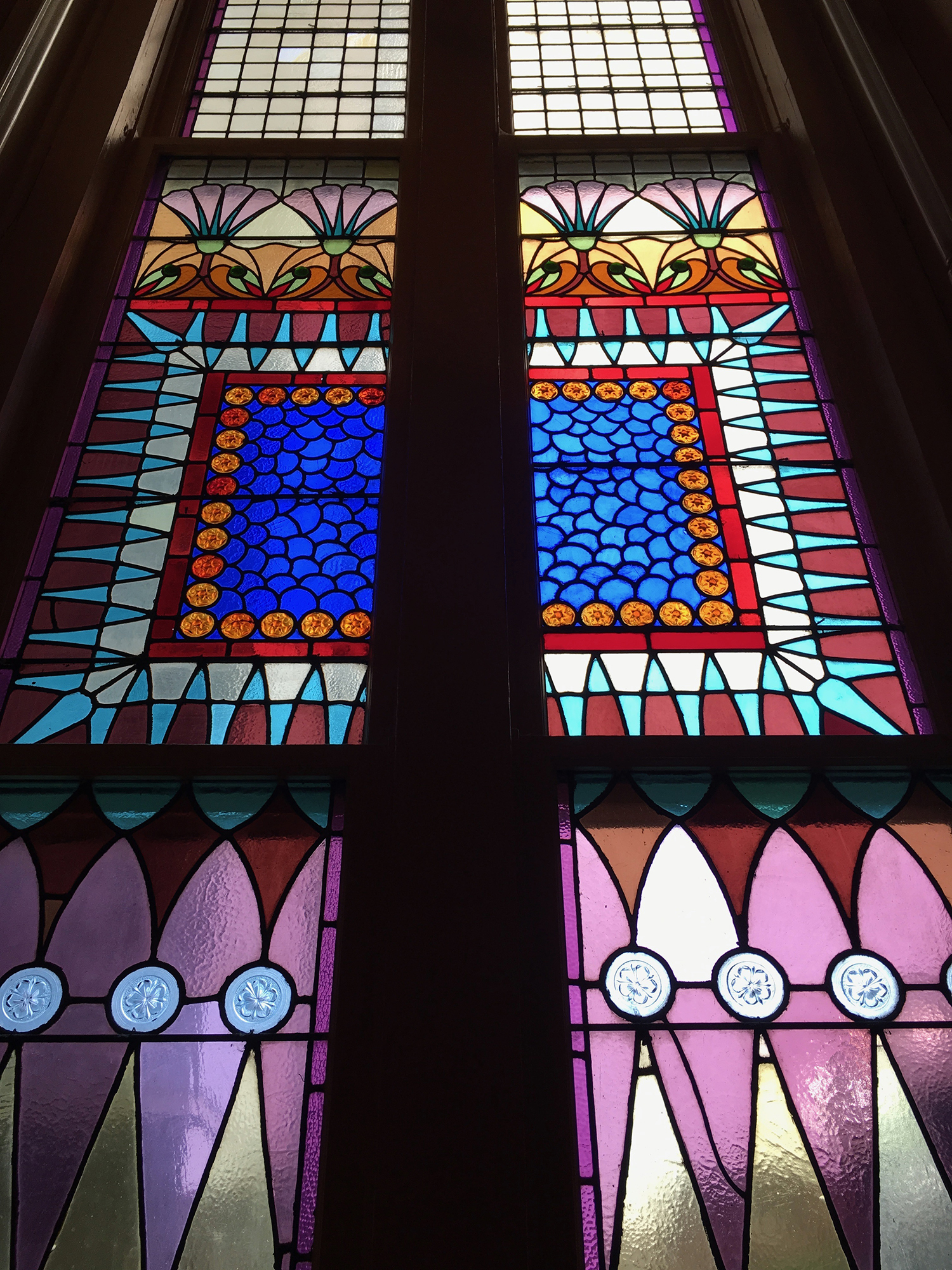  Stained glass windows in the beautiful Egyptian Revival downtown Presbyterian church. 