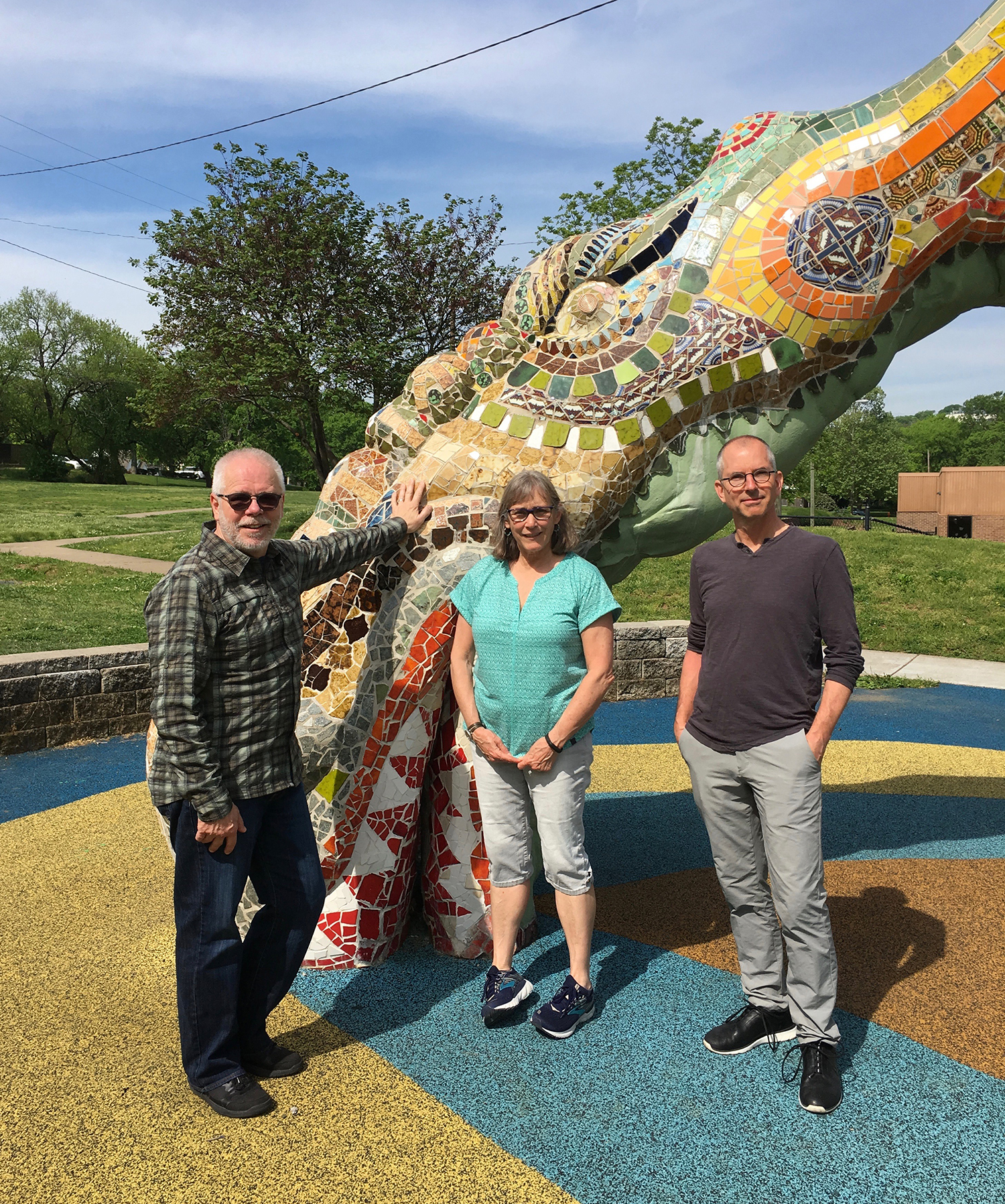 Scott, Lynn and Todd pose in front of a fun mosaic sculpture in a playground. We were lucky to bump into the woman who originally spearheaded this community project in the ‘80s. It’s been restored since then, and is a neighborhood treasure.