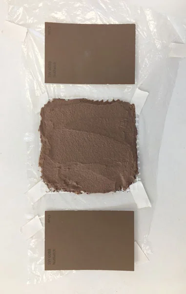 A match! It took several iterations, but we settled on a 3-pigment mix to match the client’s paint swatch.