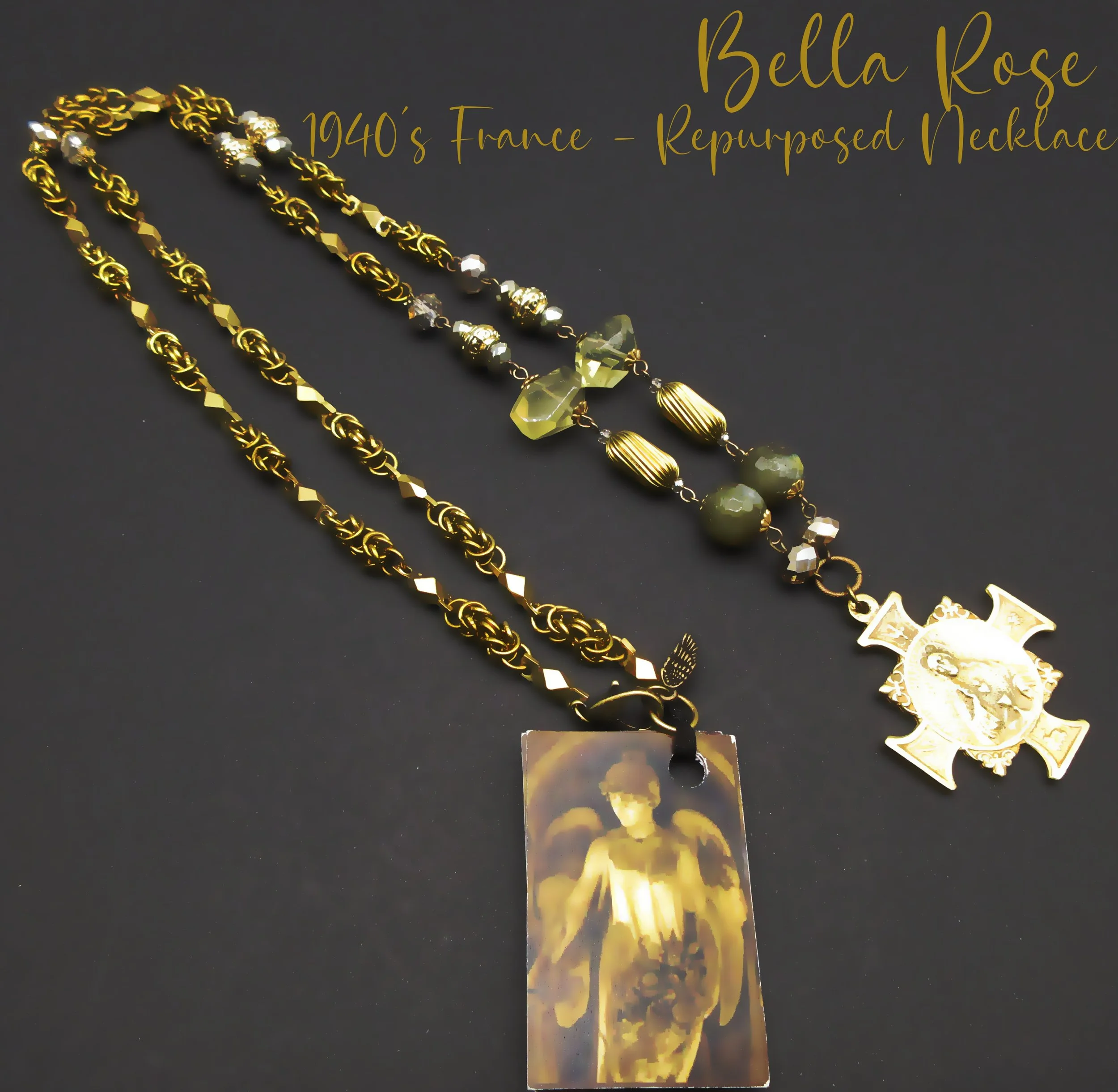BELLA ROSE-Repurposed  1940's Vintage Fancy Link French Brass Chain- Reversible 1940's  "Eucharistic Sacred Heart of Jesus" Holy Medal-Citrine/Jasper/1940's Swarovski Crystal Necklace-33"