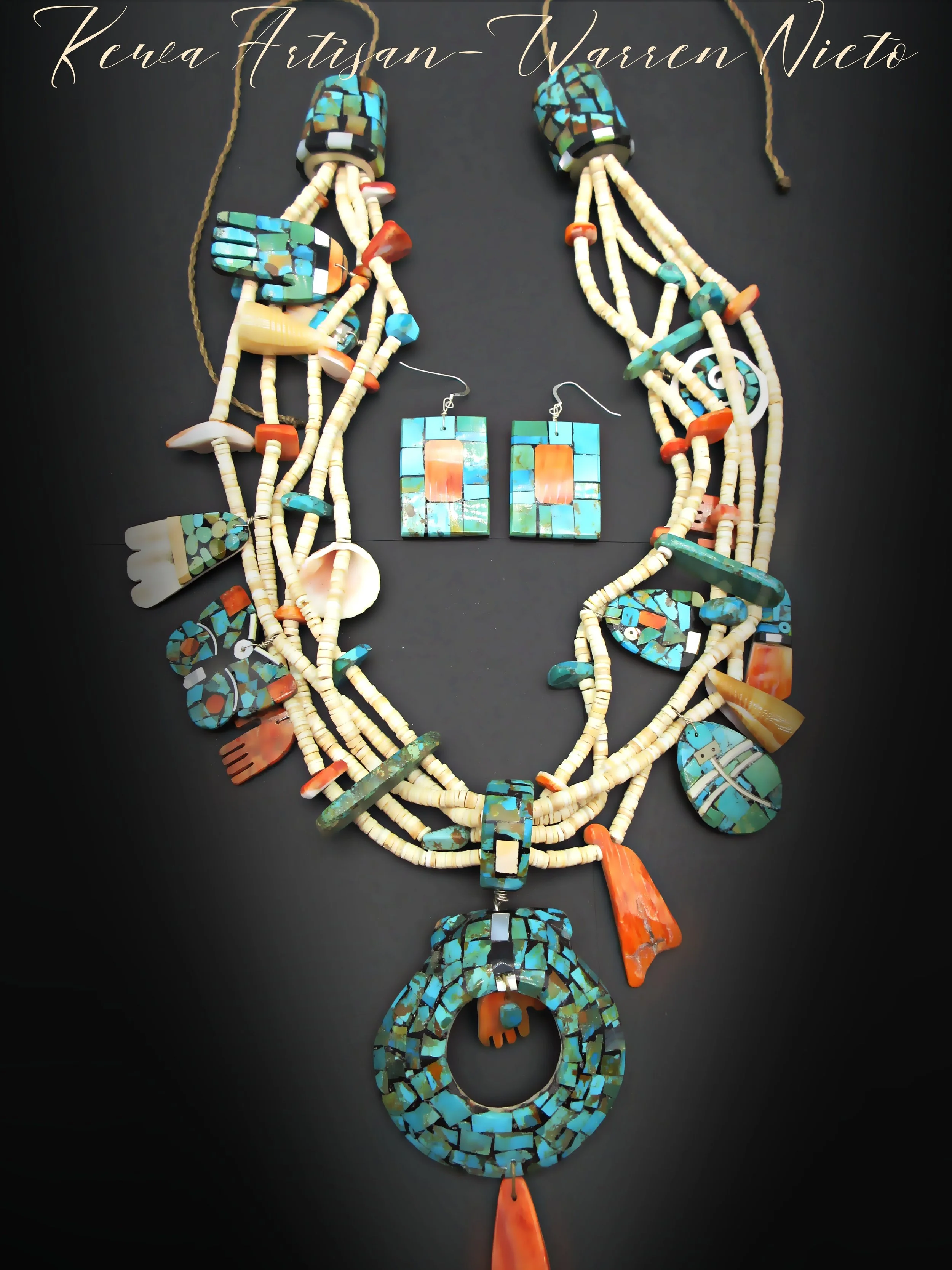 Kewa Puebloan Artist-WARREN NIETO-From the "Ancestral Puebloan Series" -Chaco Canyon Inspired- 5 Strand Melon Shell Heishi -Mosaic Inlay- Multi Charm Necklace/Earring Set!