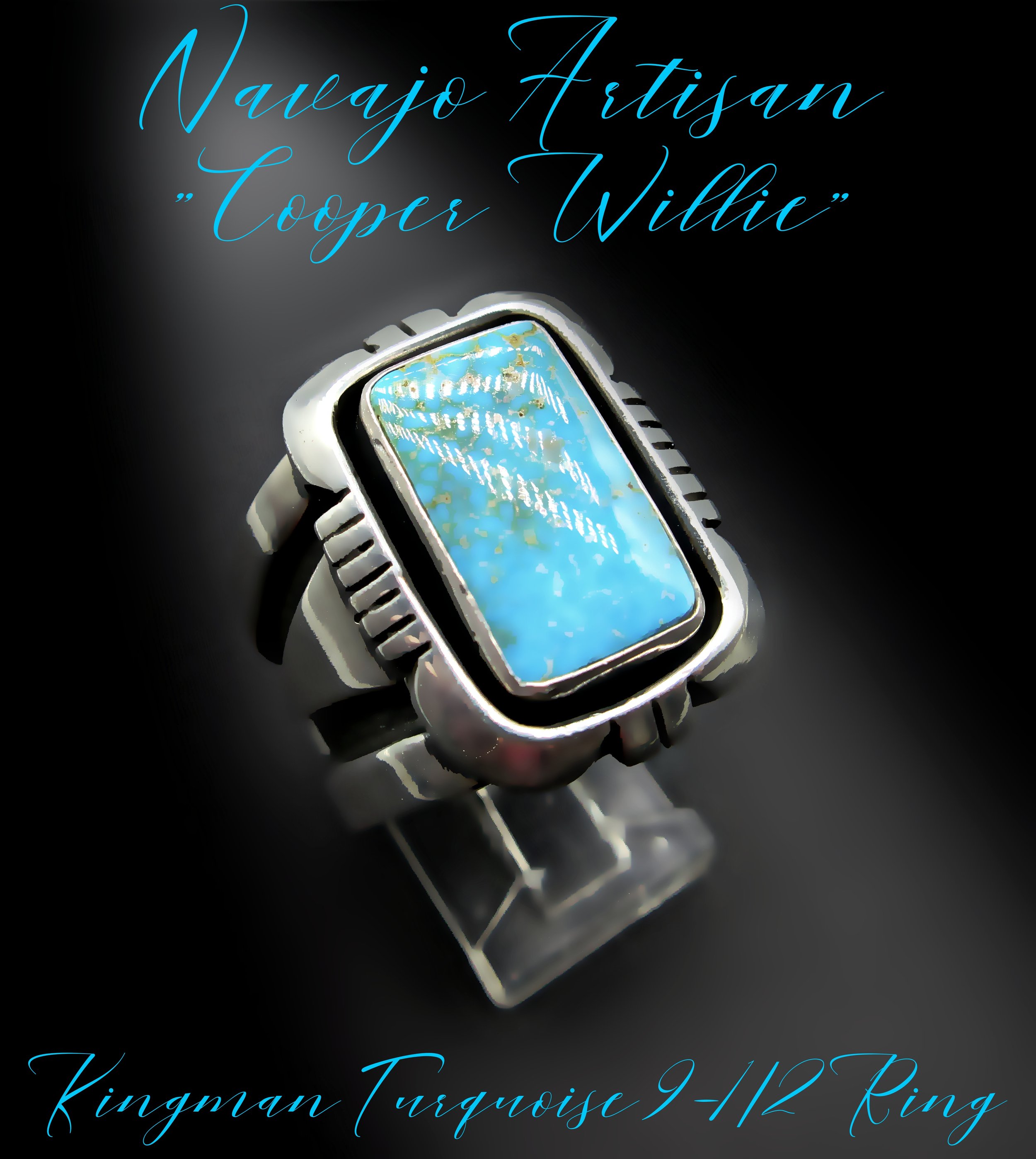 Navajo Artisan-COOPER WILLIE-Natural Kingman Turquoise-Traditional Navajo Sawed/Chiseled Shadowbox Design-Man's Sterling Ring-Size 9-1/2
