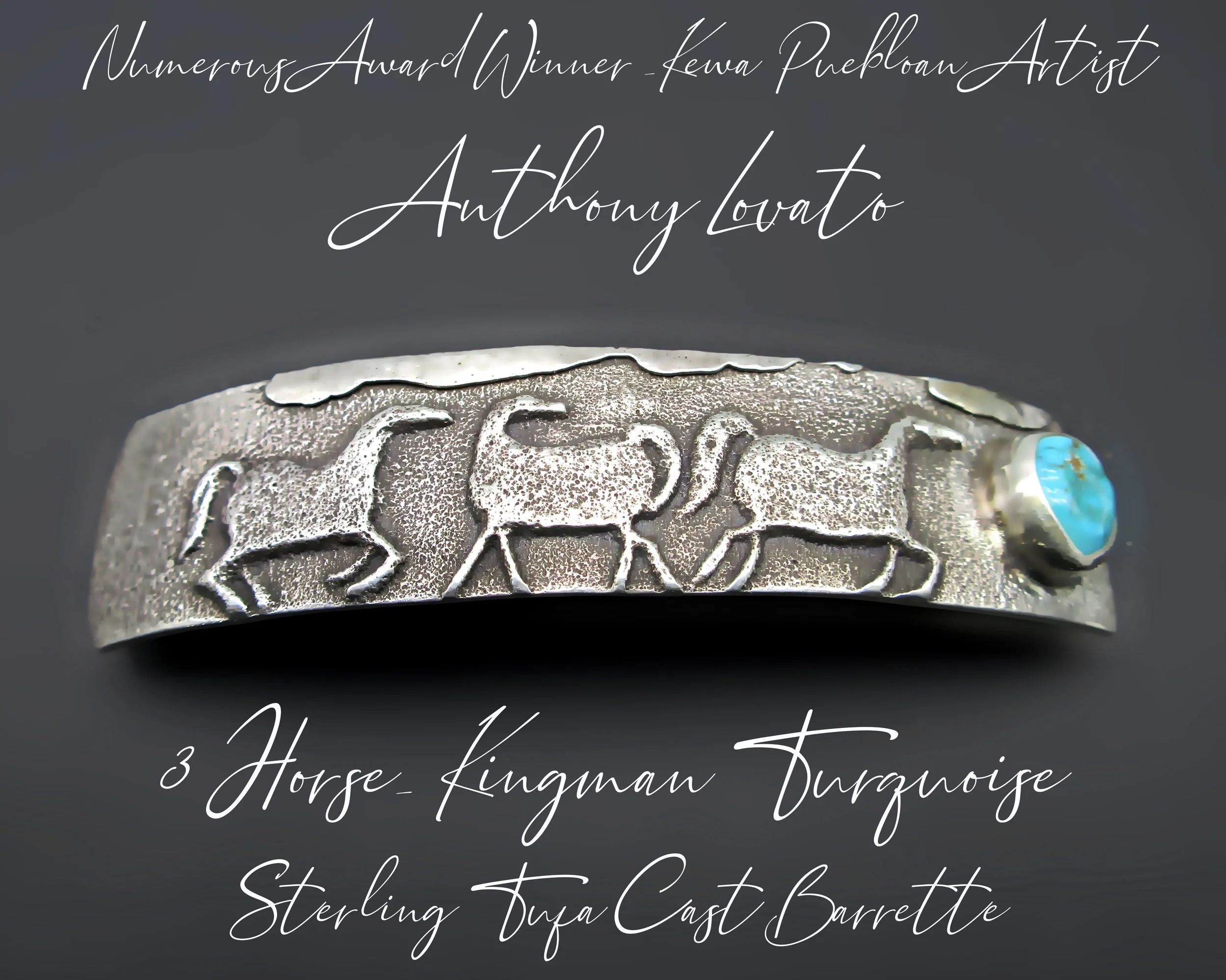 NUMEROUS Award Winner- Kewa Puebloan  Veteran Artist - ANTHONY LOVATO -One of a Kind -Sterling Tufa Cast - Western Horse Barrette with Kingman Turquoise