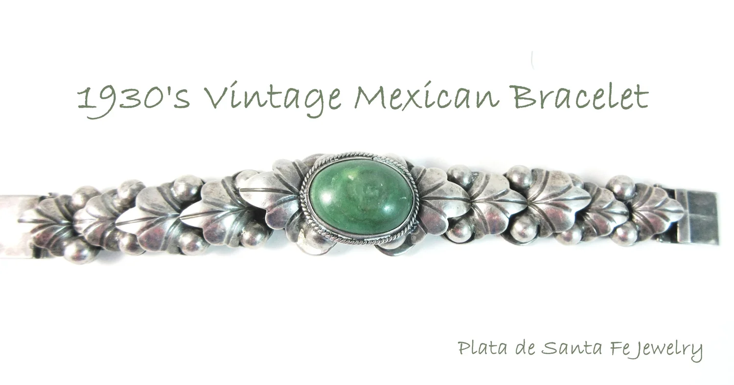 1930's Vintage Mexican Green Jade 925 Bracelet